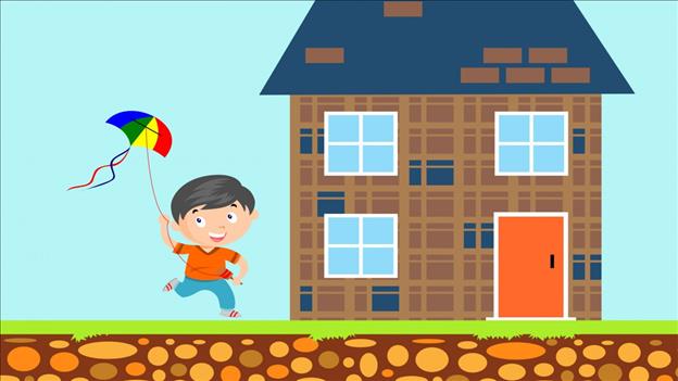 cartoon boy playing with a kite in front of a house